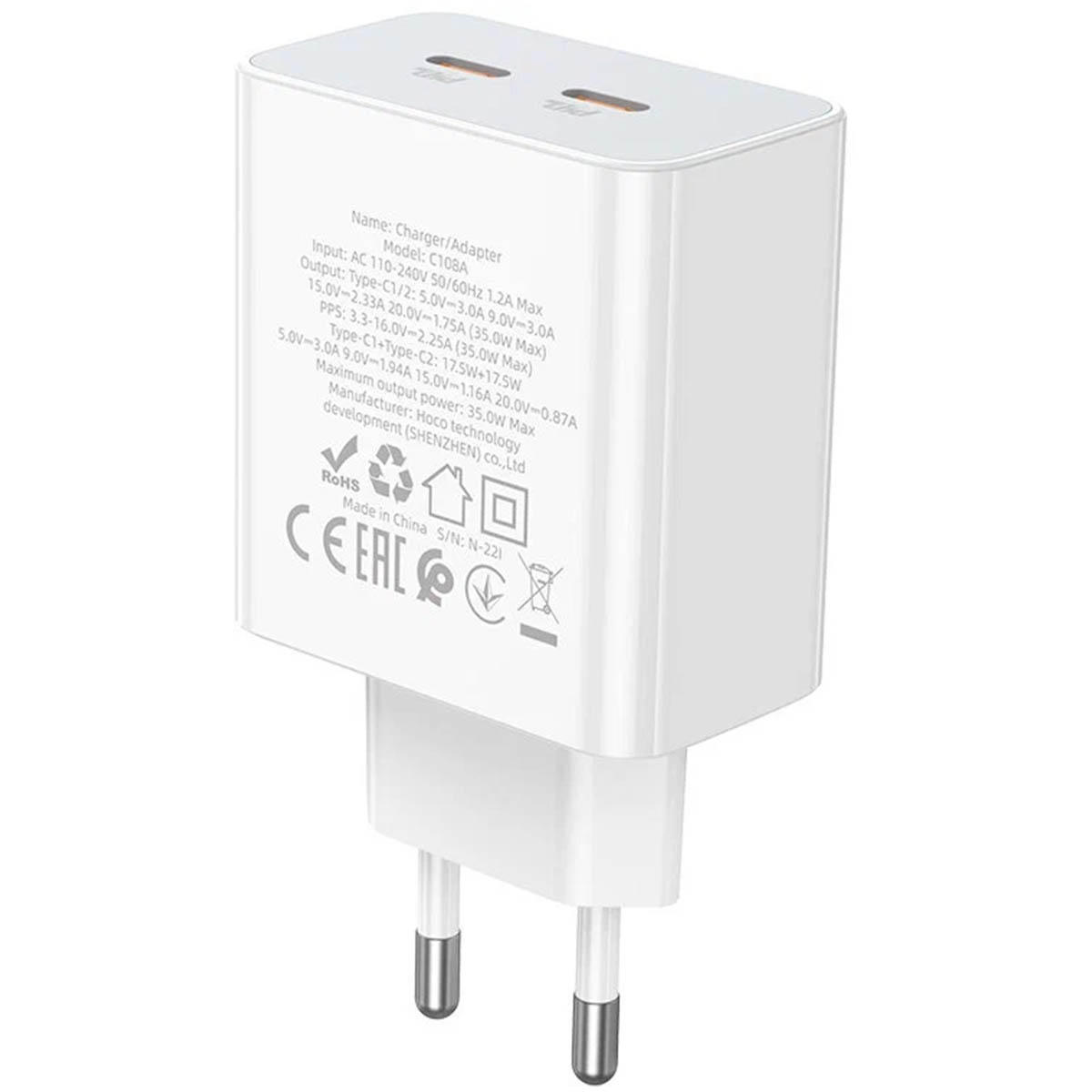 СЗУ (Сетевое зарядное устройство) HOCO C108A Leader, 35W, 2 USB Type C, QC3.0, цвет белый