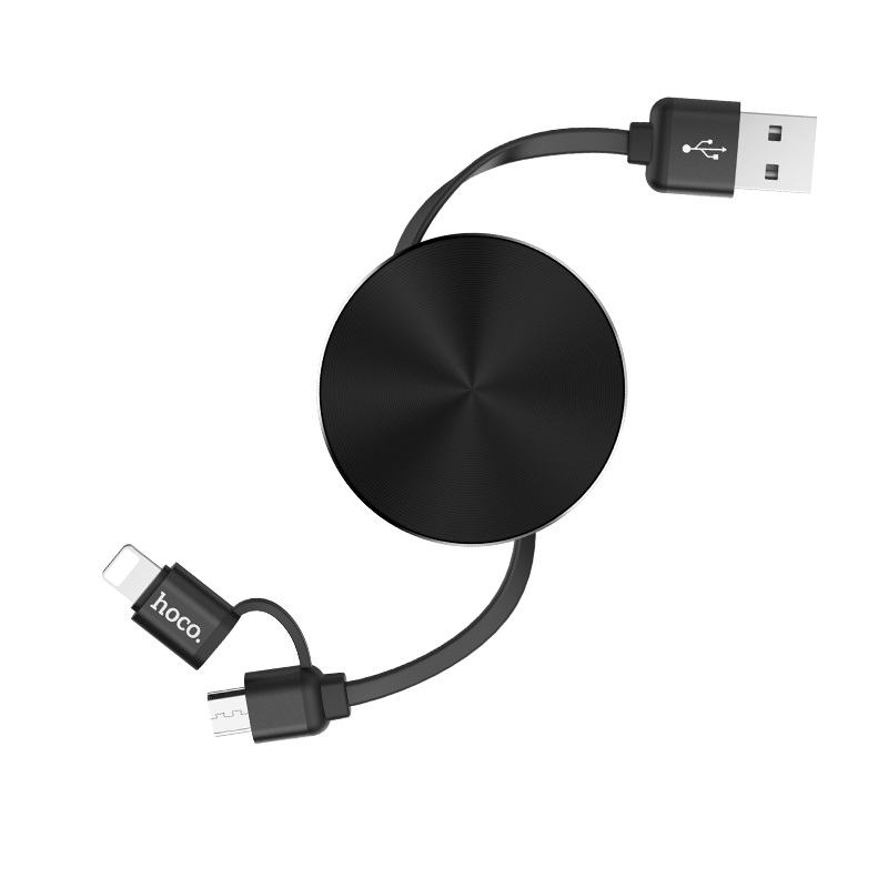 HOCO U23 USB дата-кабель рулетка 2 в 1 Micro-USB + Lightning 8 pin, цвет чёрный.