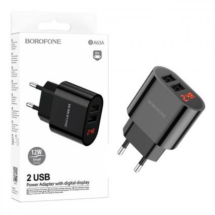 СЗУ (Сетевое зарядное устройство) BOROFONE BA63A, 2.4A, 2 USB, Led дисплей, цвет черный