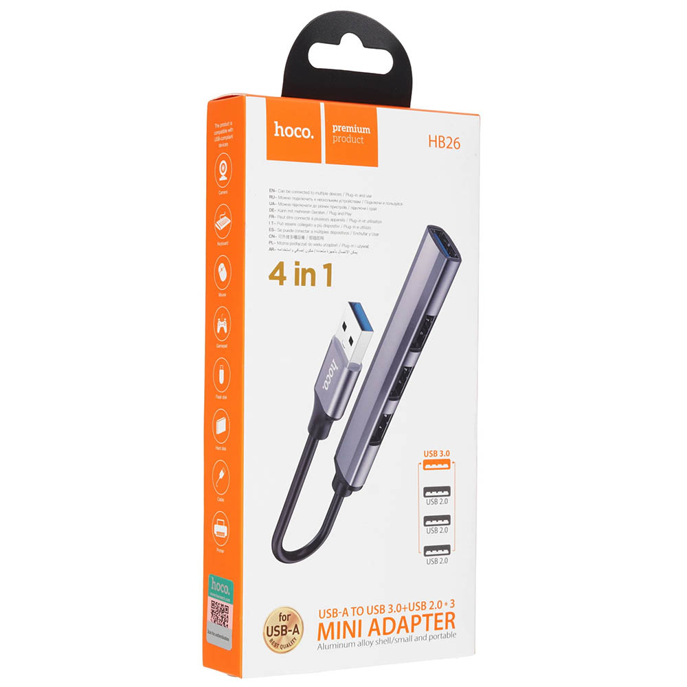Хаб концентратор HOCO HB26, USB 3.0 на 3 USB 2.0 и 1 USB 3.0, цвет графитовый