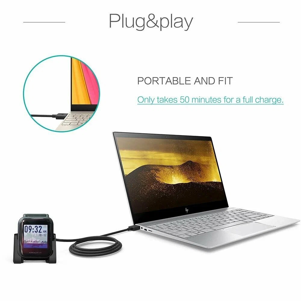 Зарядное устройство USB для Amazfit Bip Lite A1915, Bip A1608, длина 1 метр, цвет черный