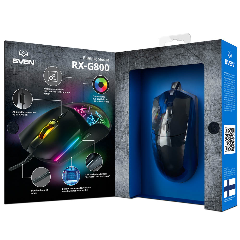 Мышь проводная SVEN RX-G800, игровая, LED подсветка, бесшумные кнопки, 7200 DPI, цвет черный
