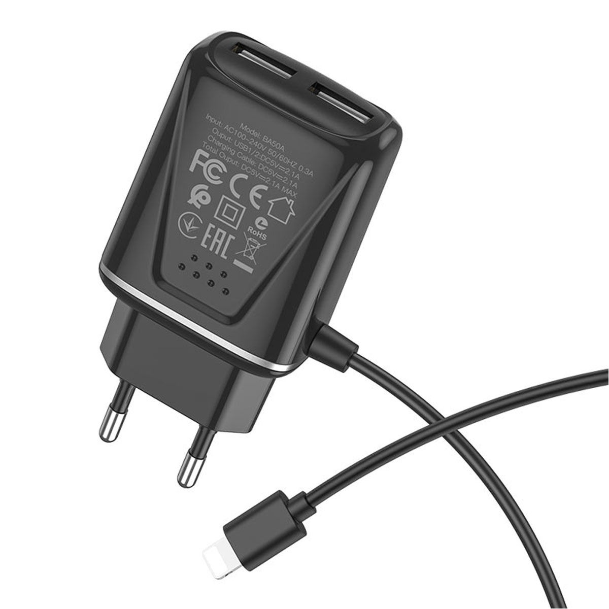 СЗУ (Сетевое зарядное устройство) BOROFONE BA50A Beneficence со встроенным кабелем APPLE Lightning 8 pin, 2.1A, 2 USB, длина 1 метр, цвет черный