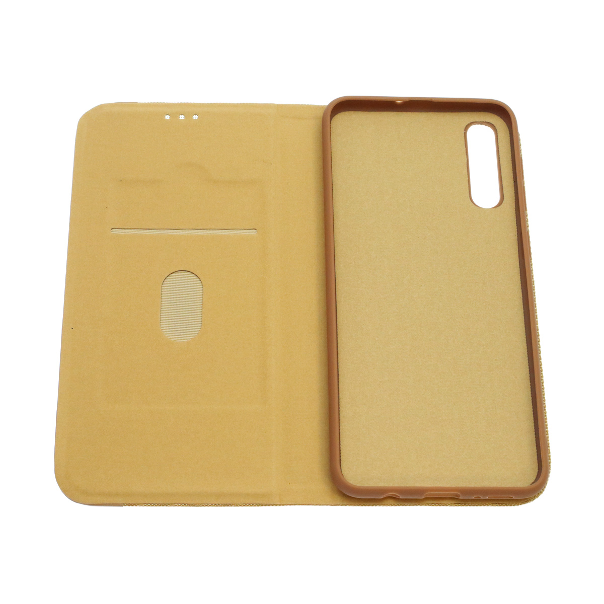 Чехол книжка MESH для SAMSUNG Galaxy A30s (SM-A307), A50s (SM-A507), текстиль, силикон, бархат, визитница, цвет золотистый