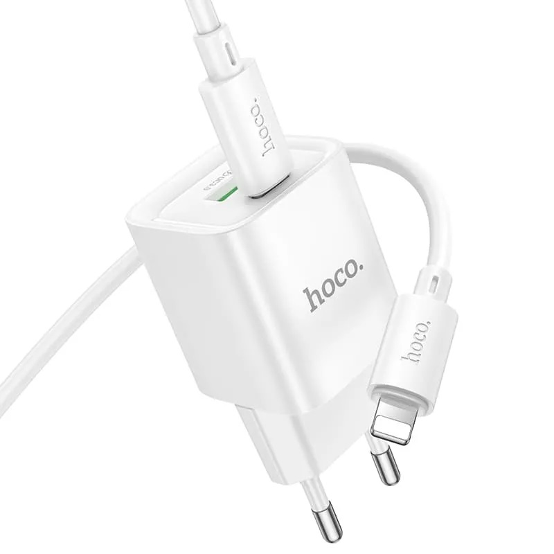 СЗУ (Сетевое зарядное устройство) с кабелем Type-C на Lightning 8-pin HOCO C147A, 1 USB 18W, 1 USB Type C 20W, PD20W, QC3.0, длина кабеля 1 метр, цвет белый