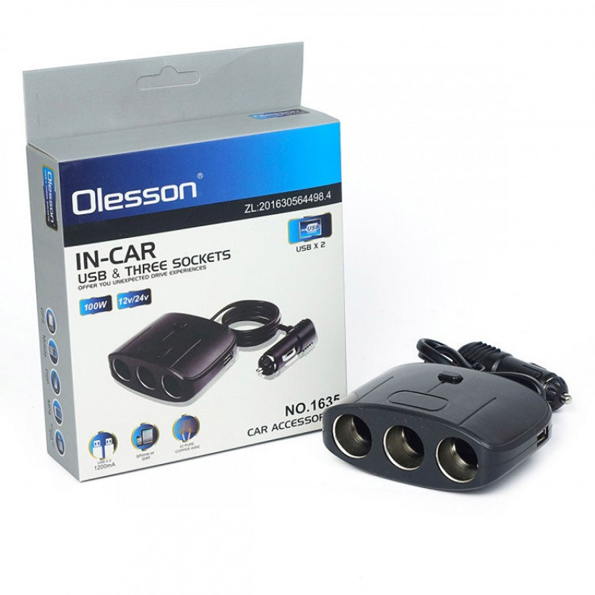 Автомобильный разветвитель OLESSON 1635, 100W 12/24V на 3 выхода, 2 USB входа на 5V-1200mA, цвет черный