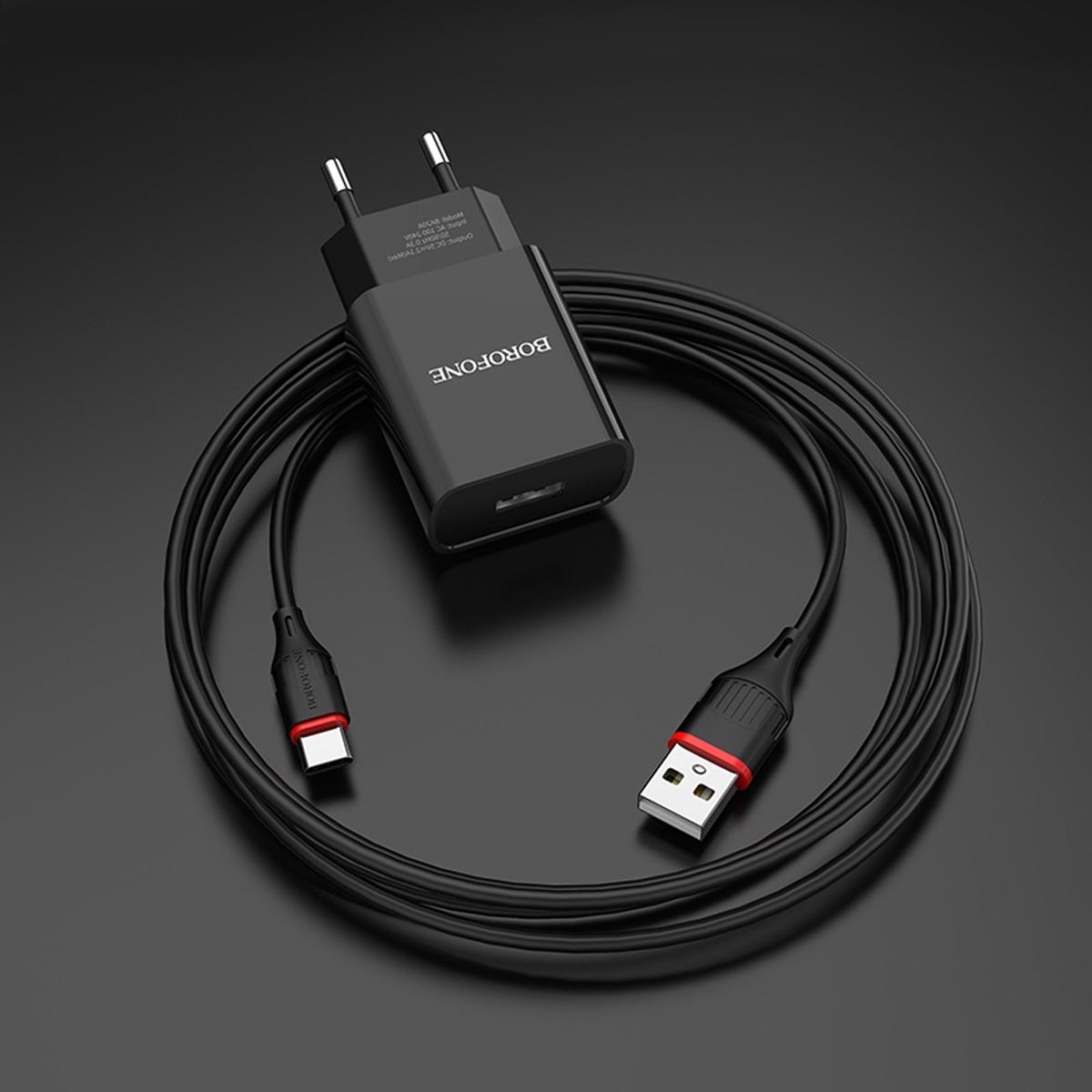 СЗУ (Сетевое зарядное устройство) BOROFONE BA20A Sharp с кабелем USB Type C, 2.1А, длина 1 метр, цвет черный