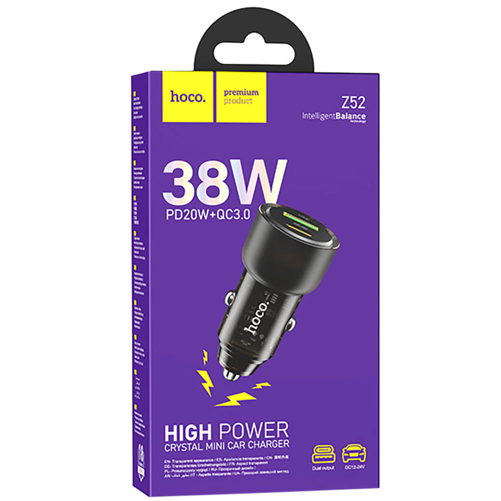 АЗУ (Автомобильное зарядное устройство) HOCO Z52, 38W, 1 USB QC3.0, 1 Type-C PD20W, цвет черный