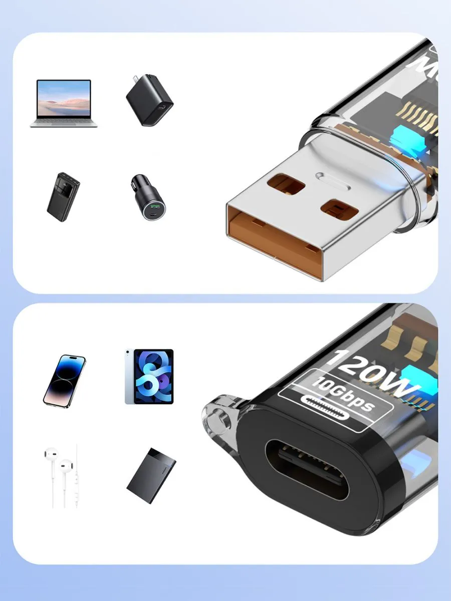 OTG переходник, адаптер 120W (10Gbps) с USB (папа) на Type-C (мама), быстрая зарядка, цвет черный