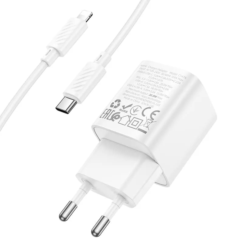 СЗУ (Сетевое зарядное устройство) с кабелем Type-C на Lightning 8-pin HOCO C147A, 1 USB 18W, 1 USB Type C 20W, PD20W, QC3.0, длина кабеля 1 метр, цвет белый
