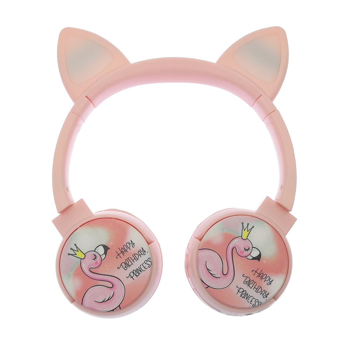 Гарнитура (наушники с микрофоном) беспроводная KR-8800, светящиеся ушки, полноразмерная, рисунок Happy Birthday Princess, RGB подсветка, цвет розовый