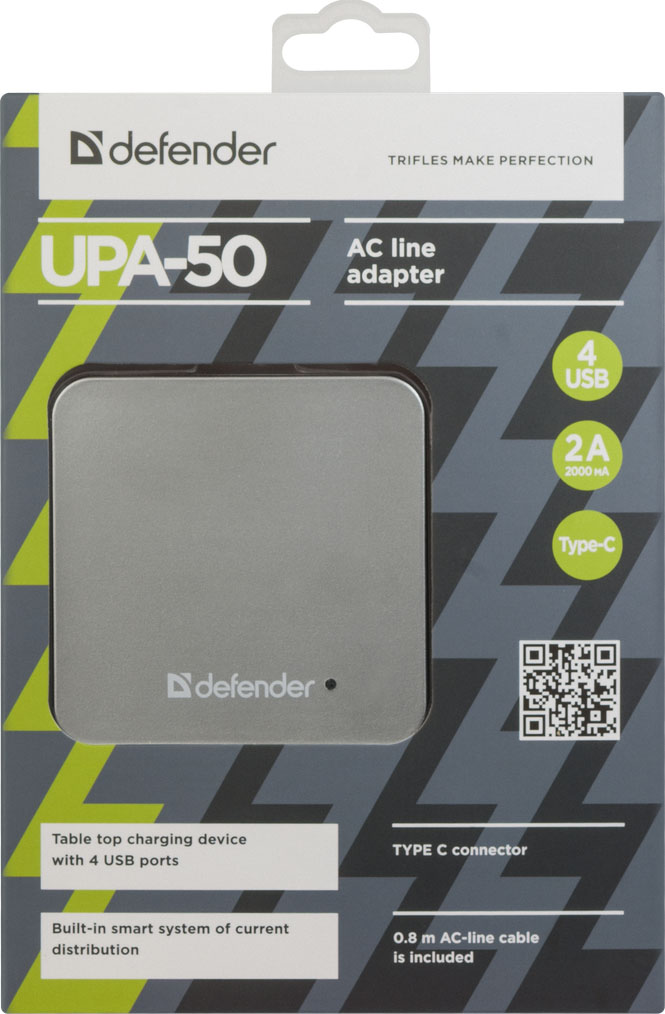 Сетевой адаптер Defender UPA-50 4 порта USB + Type C, 5V / 8A.