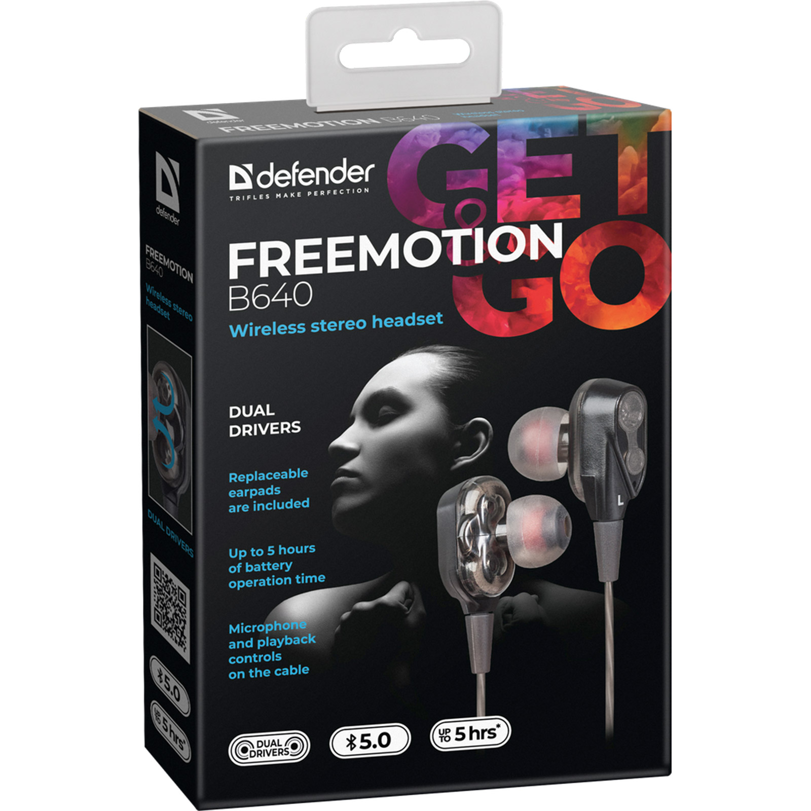 Гарнитура (наушники с микрофоном) беспроводная, DEFENDER FreeMotion B640, 2 динамика, Bluetooth, цвет черный