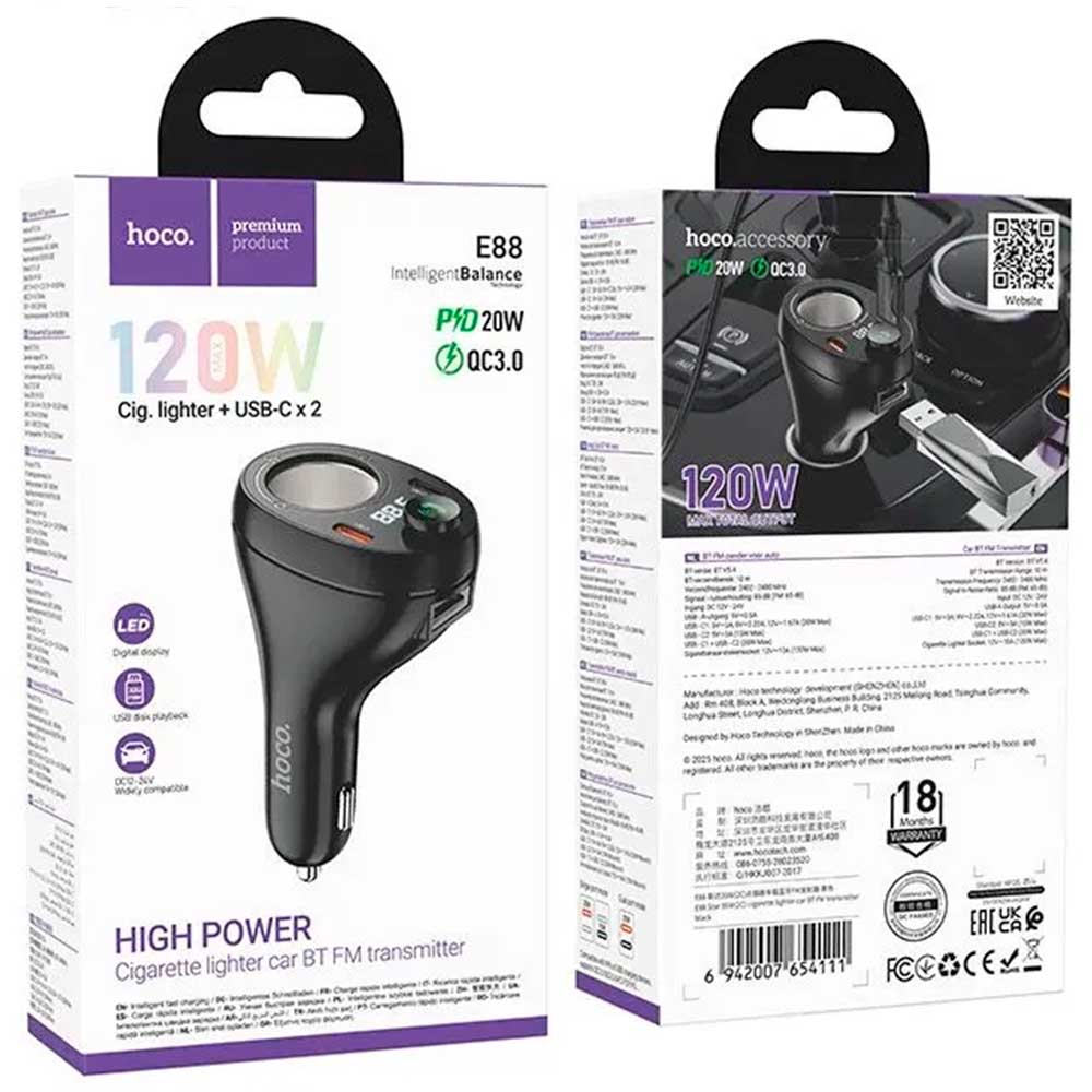 АЗУ (Автомобильное зарядное устройство) HOCO E88 Star с FM трансмиттером, 120W Max, Bluetooth, 1 USB A, 2 USB Type C, LED дисплей, PD20W, цвет черный